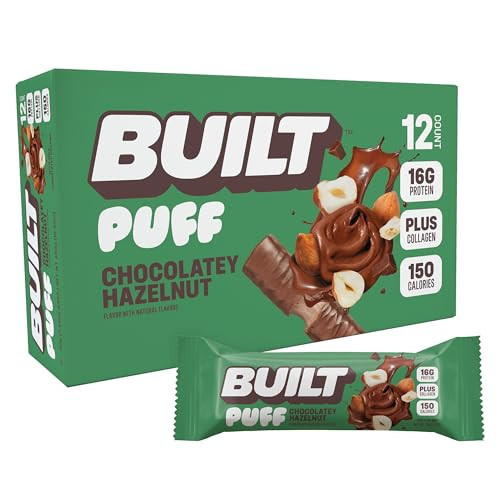 Built Bar Puff Protein Bars, Chocolatey Hazelnut, Collagen, On-the-go Snacks, Gluten Free, 12 Pack | Amazon (US)