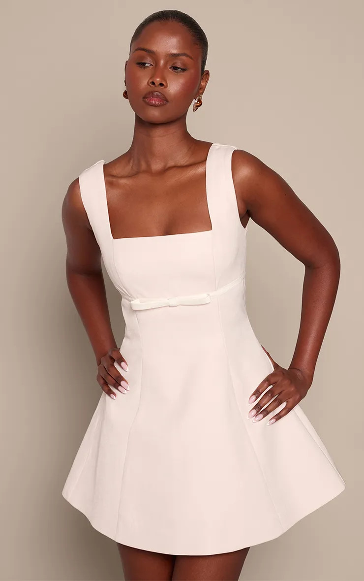 Cream Woven Belt Detail Shift Dress | PrettyLittleThing USA | PrettyLittleThing US