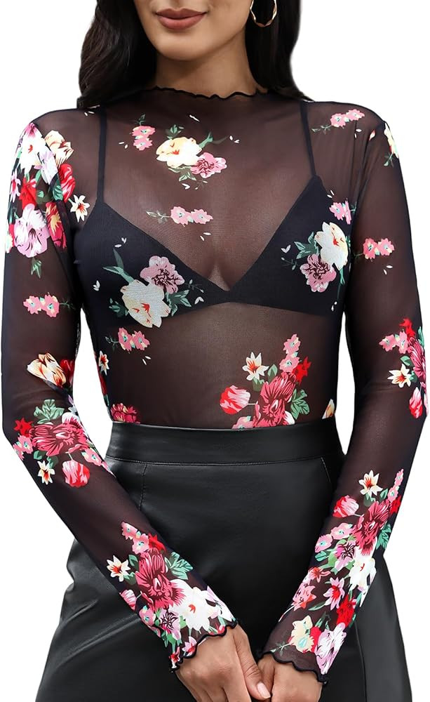 Womens Mesh Tops Lace Long Sleeve Shirts Mock Neck Slim Fitted Top See Through Tee Shirts Party C... | Amazon (US)