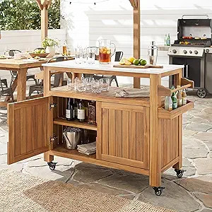 Merax Murphy Outdoor Patio Acacia Wood Bar Cart, Natural Finish Rolling Cart with Marble-Effect T... | Amazon (US)