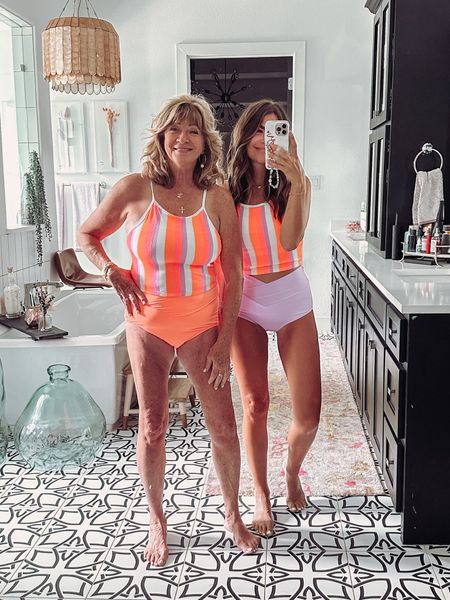 CORAL REEF NEW LAUNCH! love the neon combo in this collection🩷 wearing a size small in the sunkissed top and a size small in the vacationer bottoms. BB is in a medium top and medium bottoms. use code AMBER for 20% off  

#LTKfamily #LTKswim #LTKunder50
