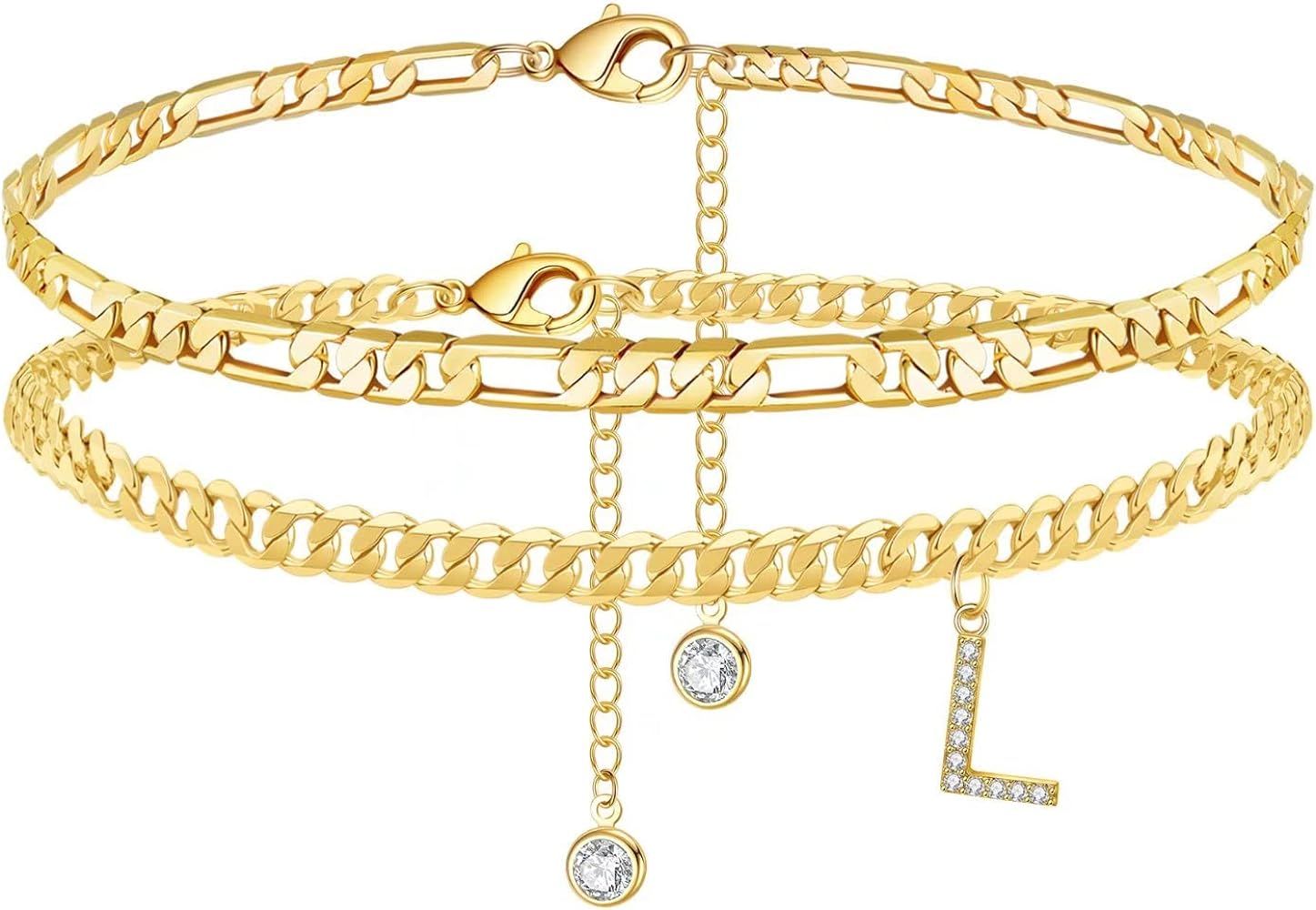 Initial Ankle Bracelets for Women, 14K Gold Plated Layered Initial Cubic Zirconia Ankle Bracelets... | Amazon (US)