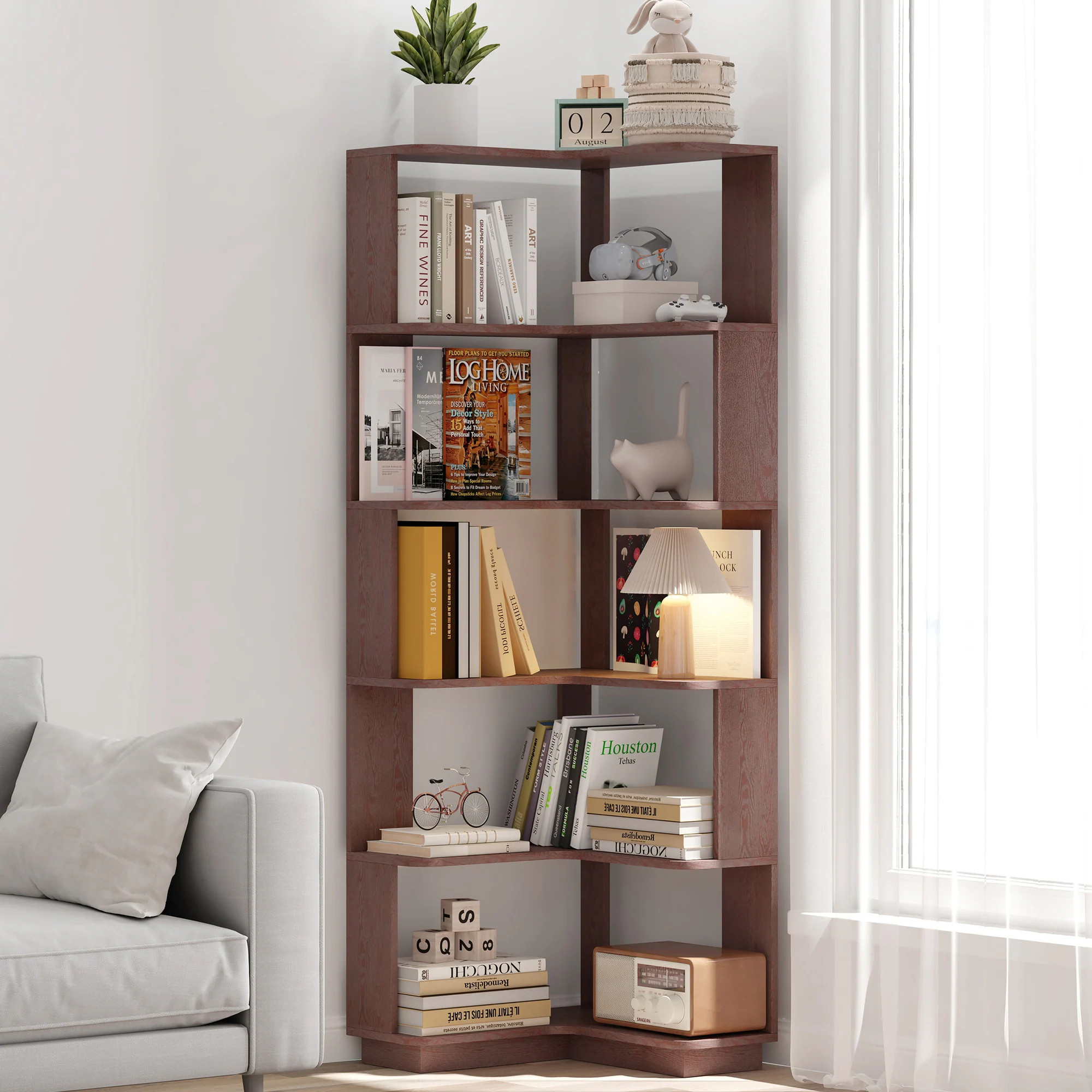 HyperDrop Cart Dark Red Wood 6-Tier L-Shaped Corner Bookshelf with Anti-Tipping Device for Home Office and Living Room one_size | W-W2899P372514 | Lowe's