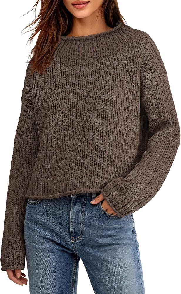 ReachMe Women's Chunky Knit Mock Neck Cropped Sweater | Amazon (US)