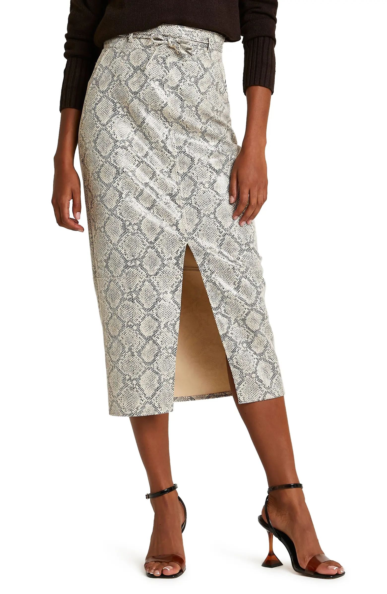 River Island Snakeskin Print Belted Front Slit Midi Skirt | Nordstrom | Nordstrom