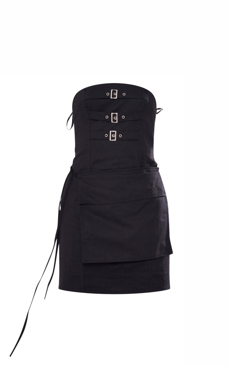 Black Buckle Detail Utility Bandeau Bodycon Dress | PrettyLittleThing US