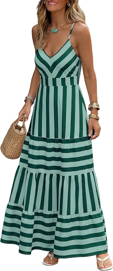 Caracilia Womens Summer Maxi Dress,Spaghetti Strap Back Smocked A Line,Casual & Comfy for Beach V... | Amazon (US)
