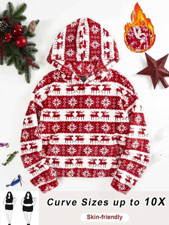 SHEIN CURVE+ Curve Plus Size Christmas Casual Thickened Fleece Hoodie, Autumn/Winter/Red And Gree... | SHEIN