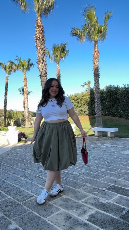 Day 1 in Apulia, Italy midsize outfit of the day 🇮🇹🍒 loving this ASOS bubble skirt paired with this cutie Abercrombie graphic tee & my Adidas Sambas. Had to pull out the cherry red Prada for our first day in Italy of course! 

#LTKshoecrush #LTKmidsize #LTKitbag