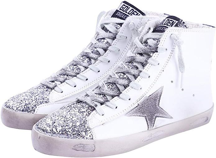 Women's High Top Fashion Flat Sneakers Distressed Design Lace up Star Glitter Shoes | Amazon (US)