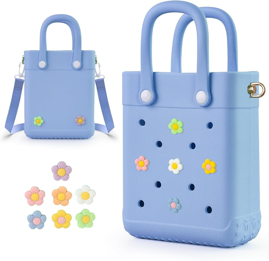 Mini Crossbody Rubber Tote Bag with 7 Charms X-Small Rubber Beach Bag for Little Girls and Woman | Amazon (US)