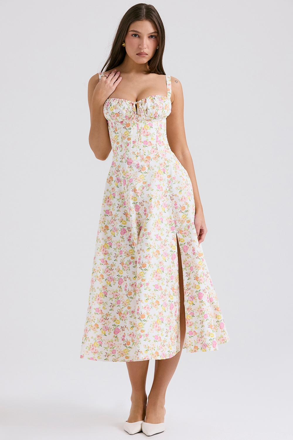 ivory meadow print cotton bustier sundress | House of CB