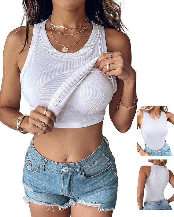 CHICME Women Built-in Bra Tank Tops Sleeveless Casual Shirts Racerback Ribbed Fitted Tank Tops | Amazon (US)