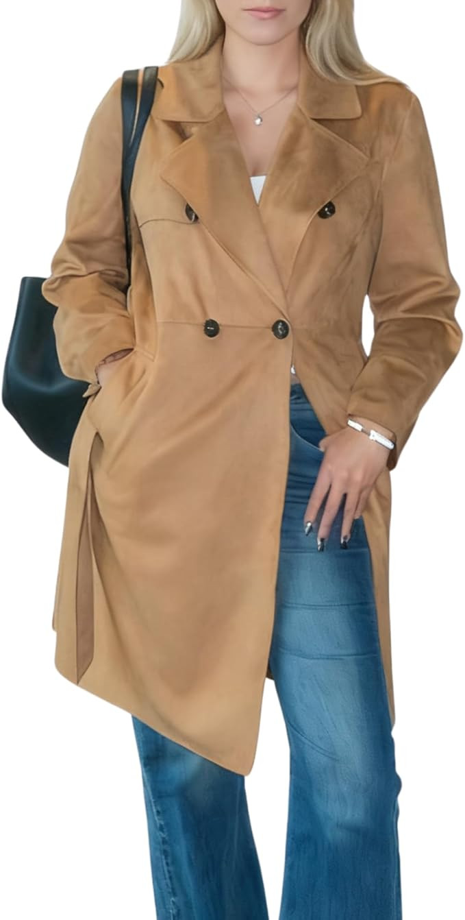 OctMoon Women's Faux Suede Trench Coat - Classic Long Coat, Double-Breasted, Notched Collar,Fall ... | Amazon (US)