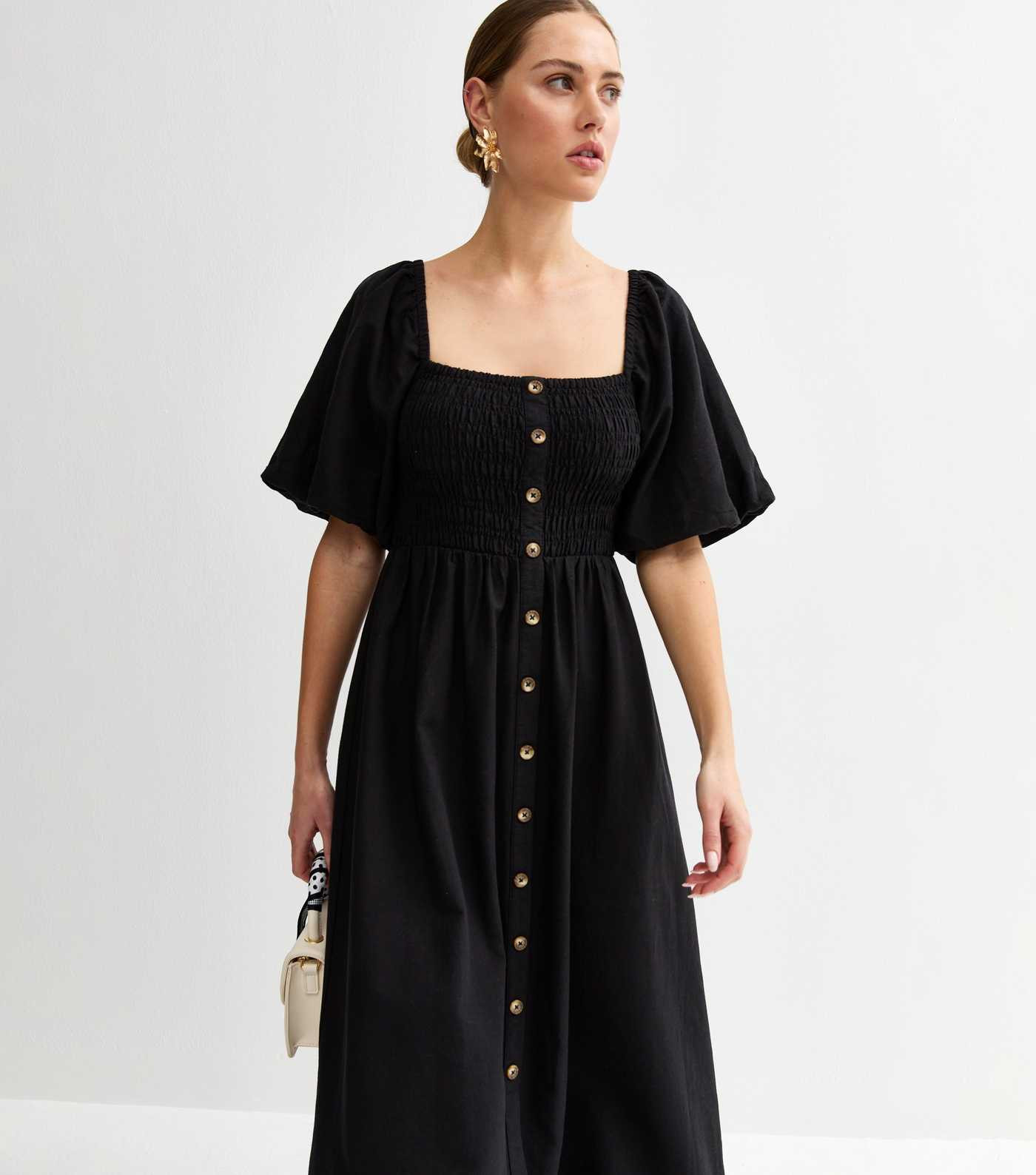 Black Faux Button Milkmaid Midi Dress | New Look | New Look (UK)