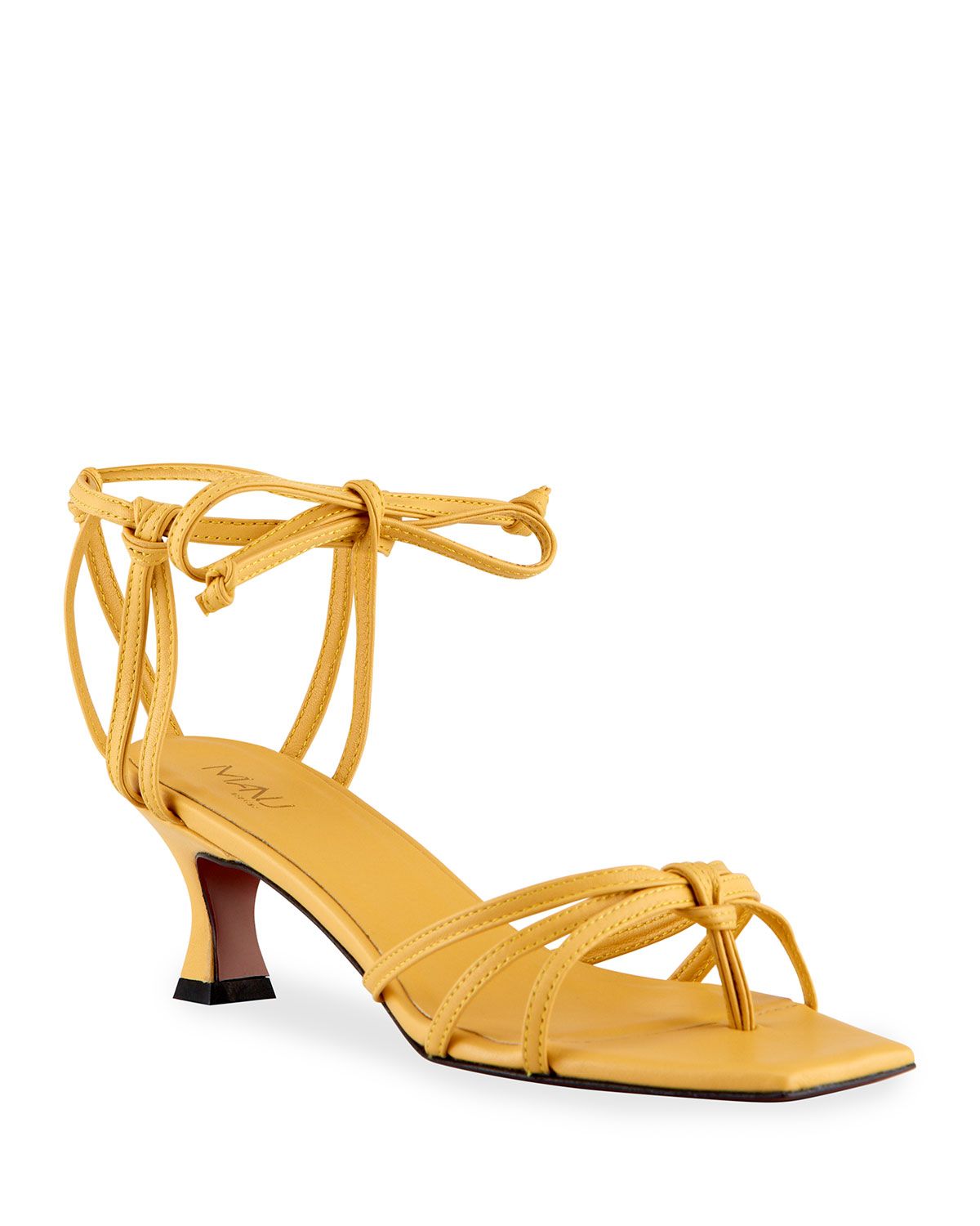 50mm Calfskin Strappy Ankle-Tie Sandals, Yellow | Neiman Marcus