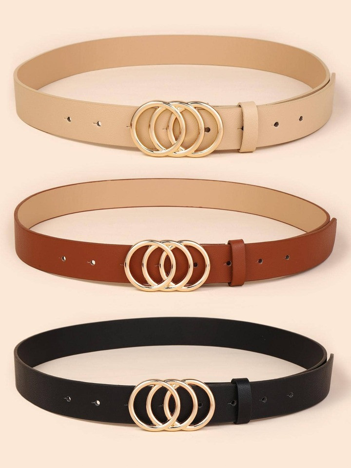 3pcs Women Black Khaki  Triple Round Buckle Fashionable Belt For Daily Decoration | SHEIN