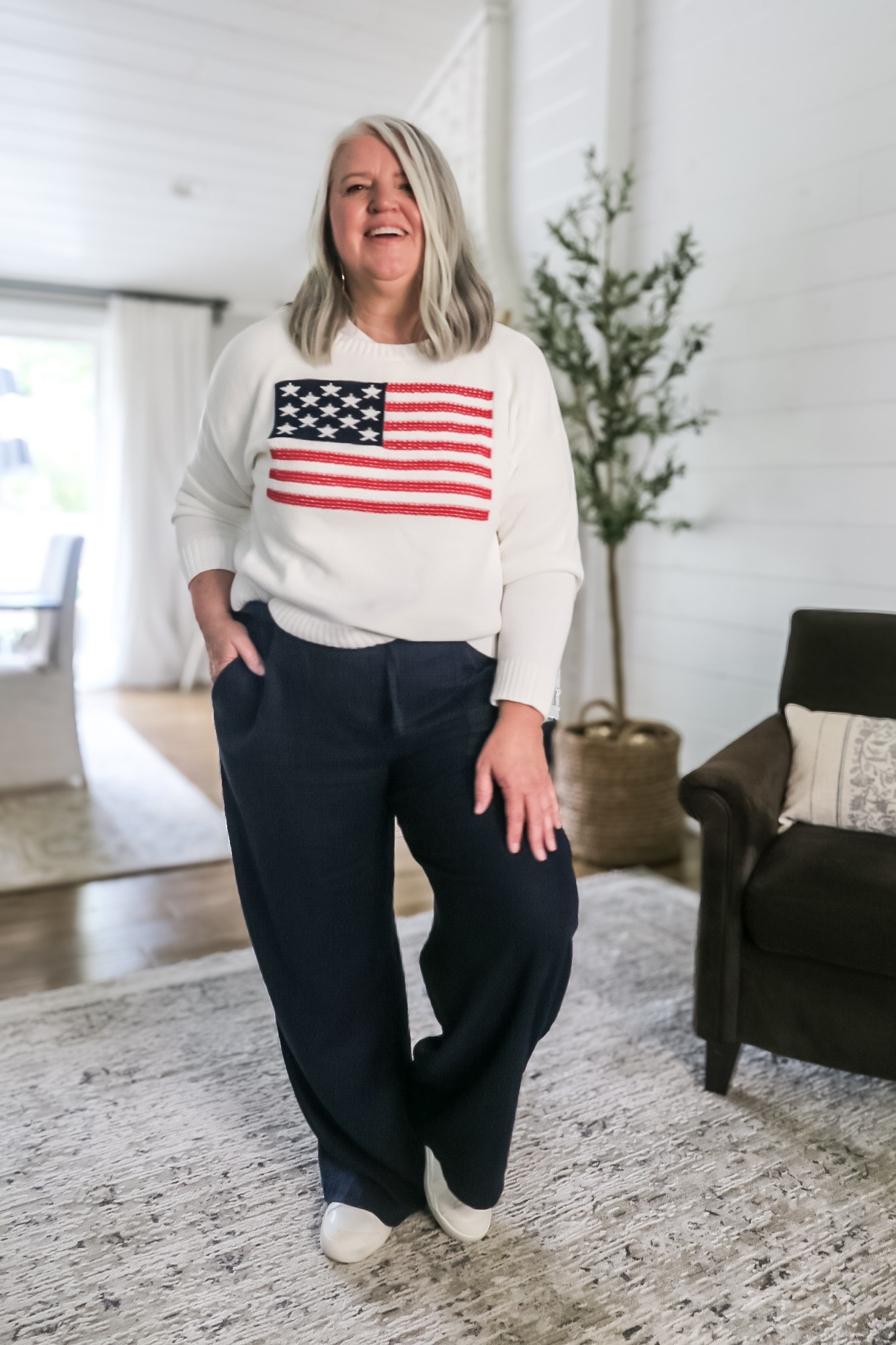 This outfit is from my size inclusive, coastal summer capsule wardrobe. The 🇺🇸 flag sweater is an additional piece showing that when you have the foundation, you can add in the personality pieces.

#LTKOver40 #LTKMidsize #LTKPlusSize