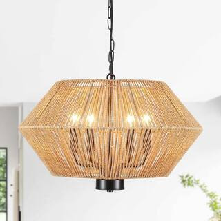 4-Light Black and Brown Bohemian Drum Dimmable Hanging Pendant Light Chandelier with Paper Rattan Shade for Living Room | The Home Depot