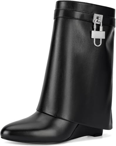CORNMOOD Women Fold Over Wide Mid-calf Boots Platform Wedge Heel Round Toe Faux Leather Pull On Shark Booties with Padlock Short Boots | Amazon (US)