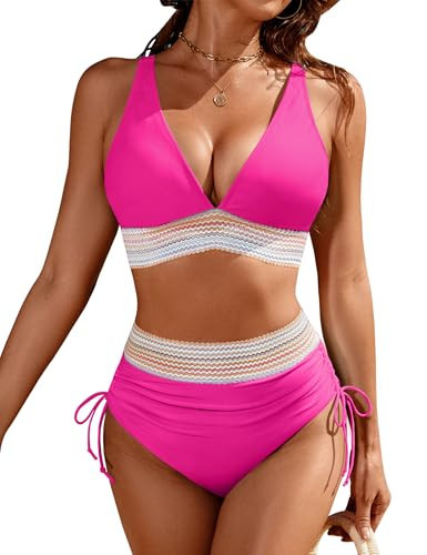 Blooming Jelly Womens High Waisted Bikini Sets Tummy Control Swimsuits Color Block Bathing Suit (XX-Large, Hot Pink) | Amazon (US)
