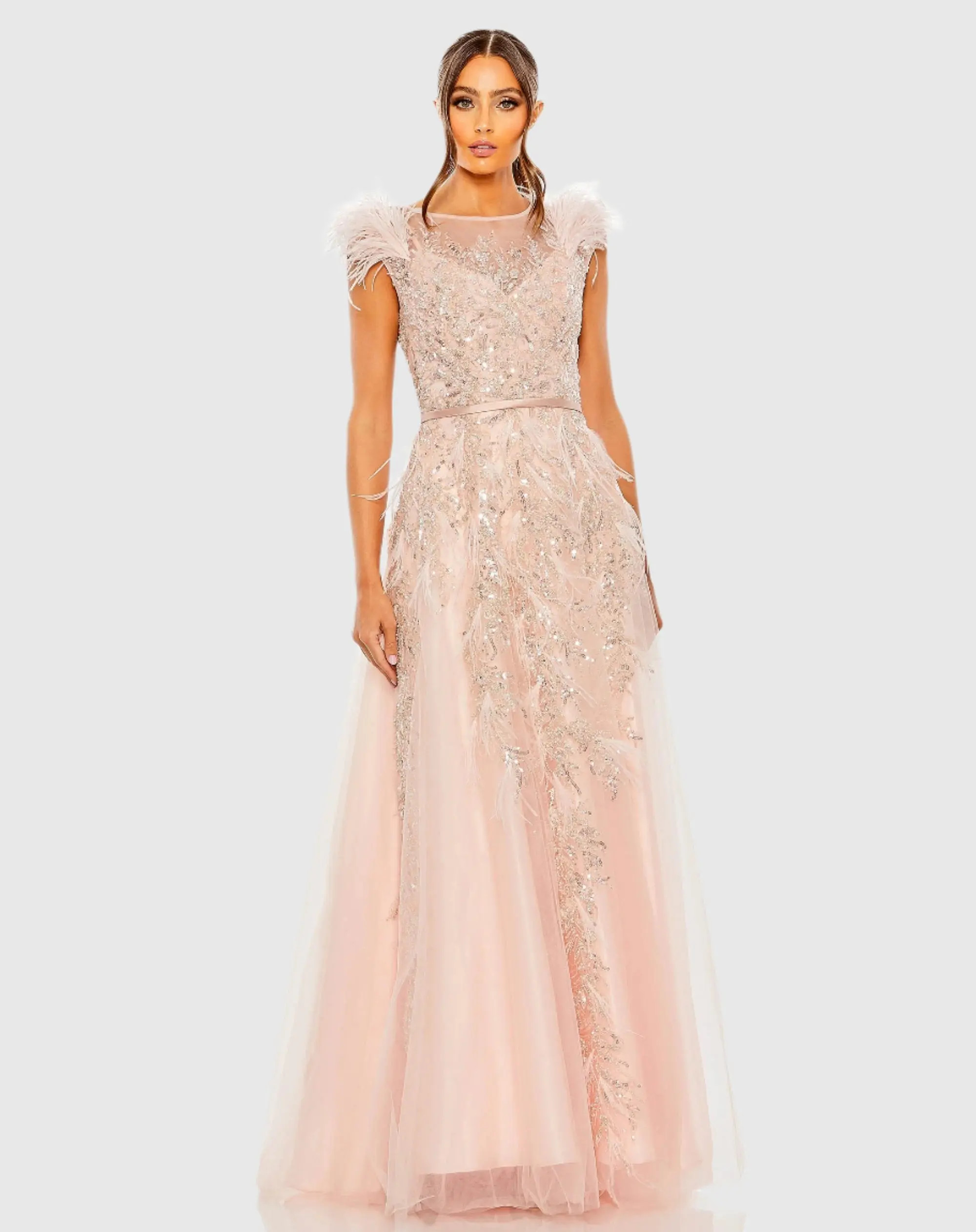 Mac Duggal - Pink High Neck Feather Detail Beaded Gown - Blush / US 8 | Mac Duggal