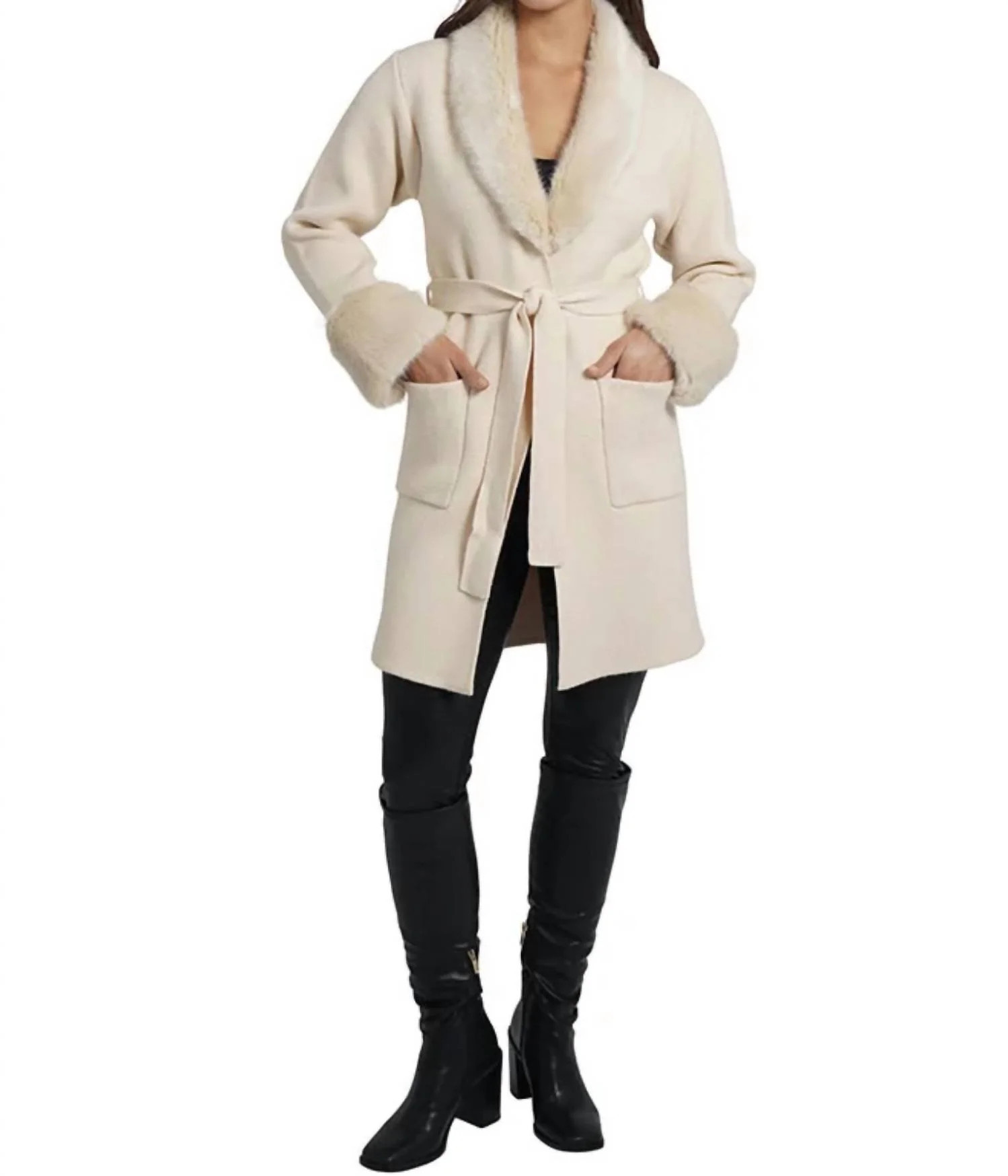 Shannon Fur Trim Cardigan In Beige | Shop Simon