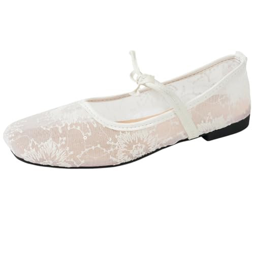Women's Floral Lace Ballet Flats Mesh Embroidered Flats Comfortable Dressy Casual Square Closed Toe Bow Dress Shoes for Wedding Party Dance White | Amazon (US)