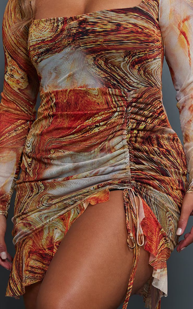 Shape Orange Swirl Print Mesh Long Sleeve Ruched Side Frill Hem Bodycon Dress | PrettyLittleThing US