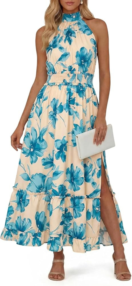 Wenrine Womens Summer Halter Neck Dress Maxi Floral Vacation Boho Sundresses Flowy Formal Travel ... | Amazon (US)