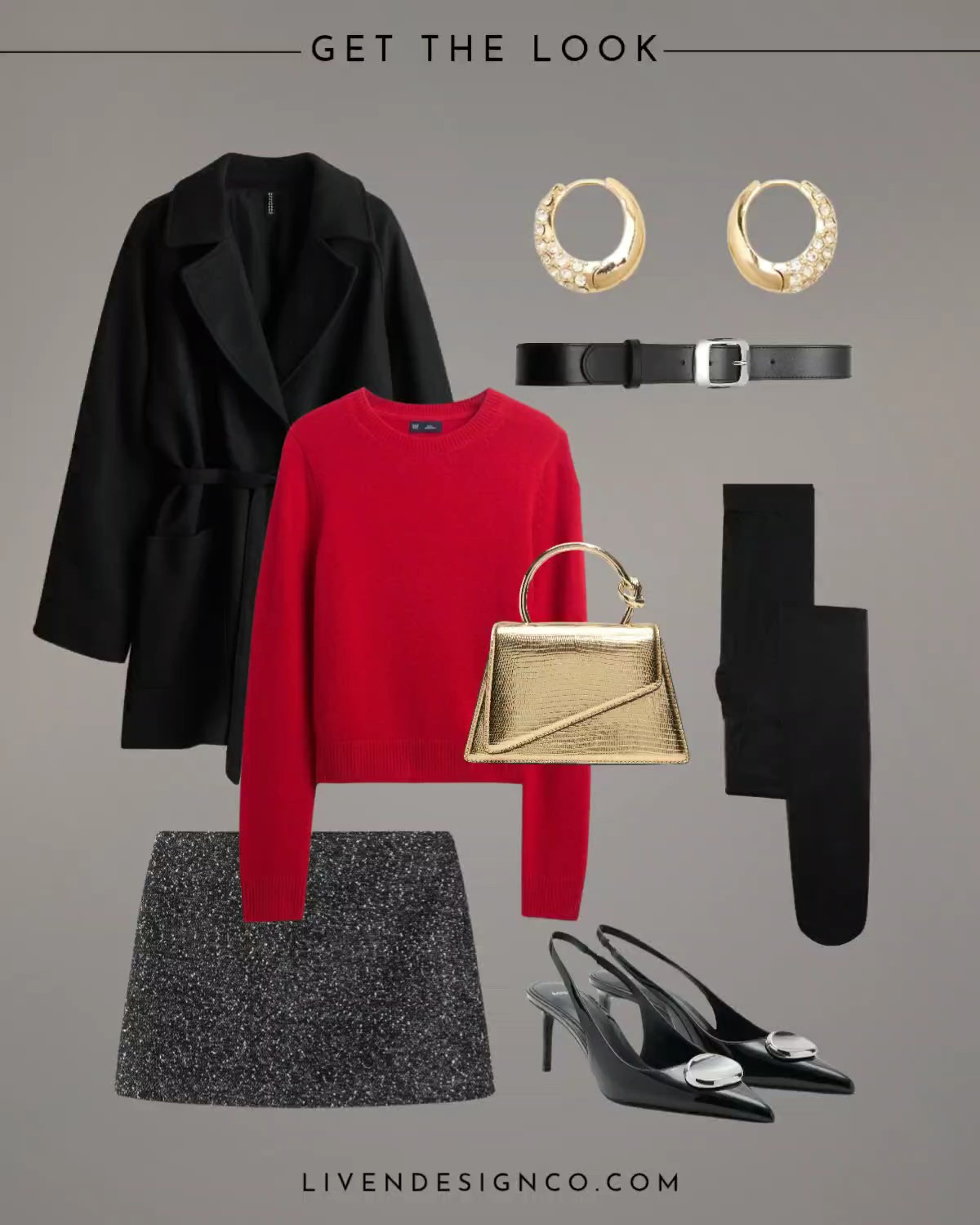 Holiday party. Holiday style. Earrings. Gold handbag. Tights. Red sweater. Christmas outfit. Tweed skirt. Mini skirt. Winter style. Black coat. Heels

#LTKHoliday #LTKSeasonal #LTKSaleAlert