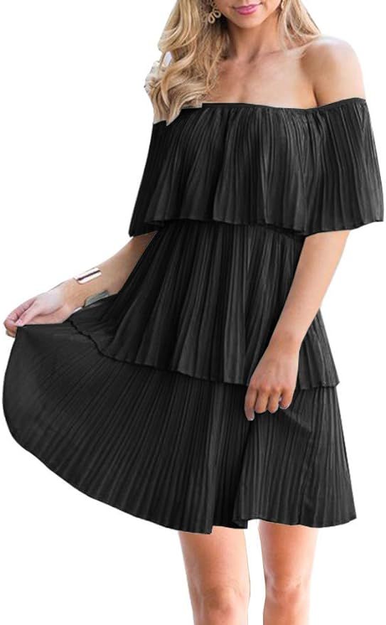Soesdemo Women's Casual Off The Shoulder Sleeveless Tiered Ruffle Pleated Short Party Beach Dress | Amazon (US)