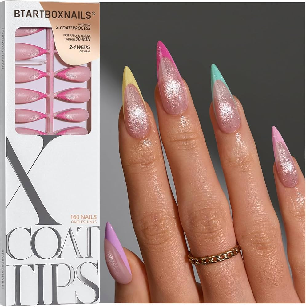 BTArtboxnails XCOATTIPS 5 Brighter Pastel French Tip Press on Nails - Long Stiletto, Cat Eye Base... | Amazon (US)