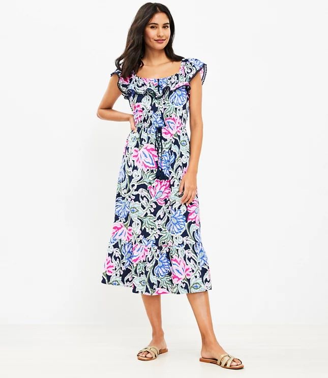 Floral Ruffle Square Neck Midi Dress | LOFT