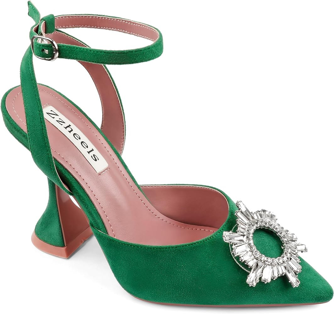 Zzheels Women's High Heel Crystal Slingback Pumps Pointed Toe Strappy Sandals for Party Dating | Amazon (US)