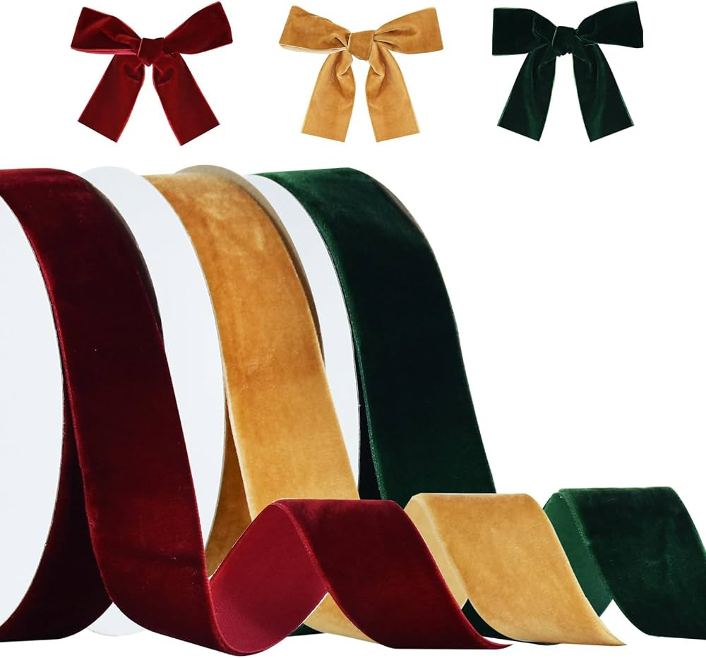TONIFUL Velvet Ribbons Set, 1" x 30Yd, Khaki, Red, Green, 3 Colors, 10Yd/roll, for Christmas Wrea... | Amazon (US)