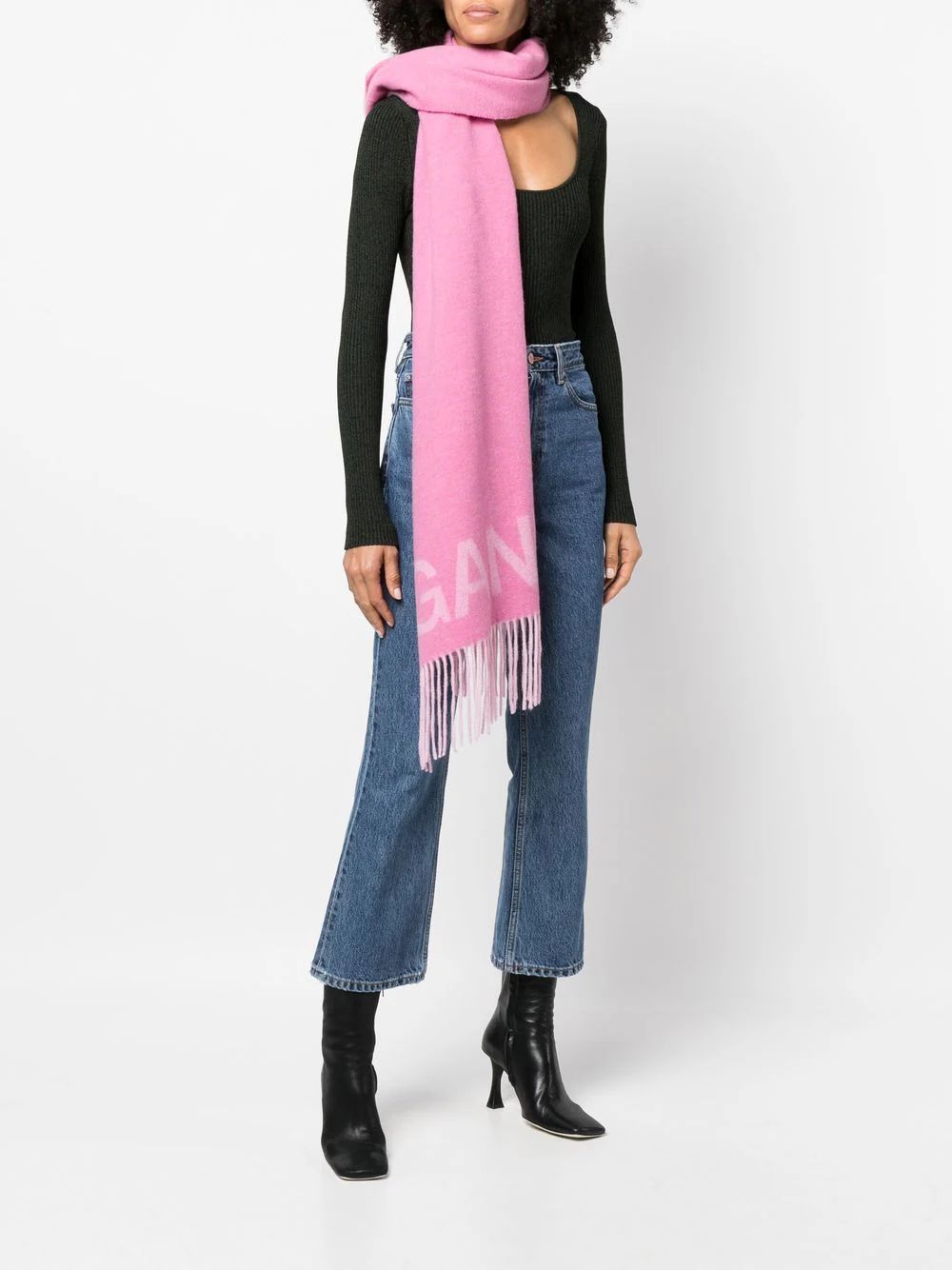 GANNI embroidered-logo Fringed Scarf - Farfetch | Farfetch Global