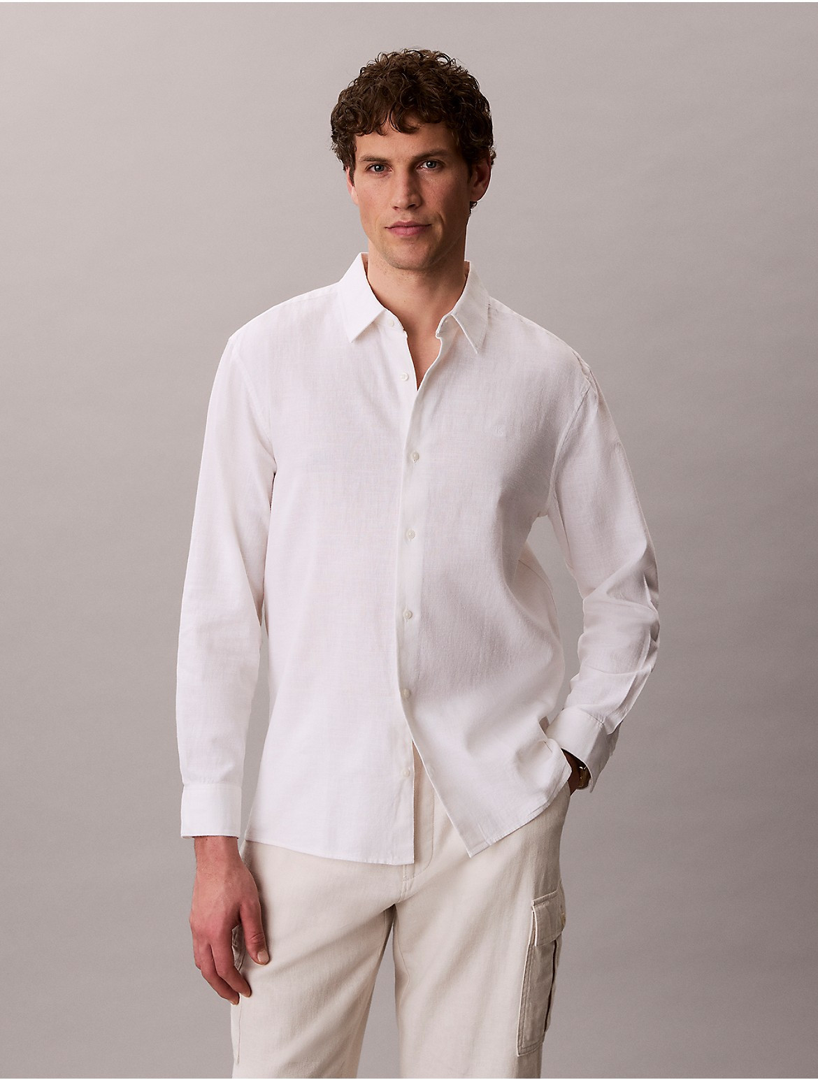 Calvin Klein Men's Linen Cotton Classic Button-Down Shirt - Open White - L | Calvin Klein (US)