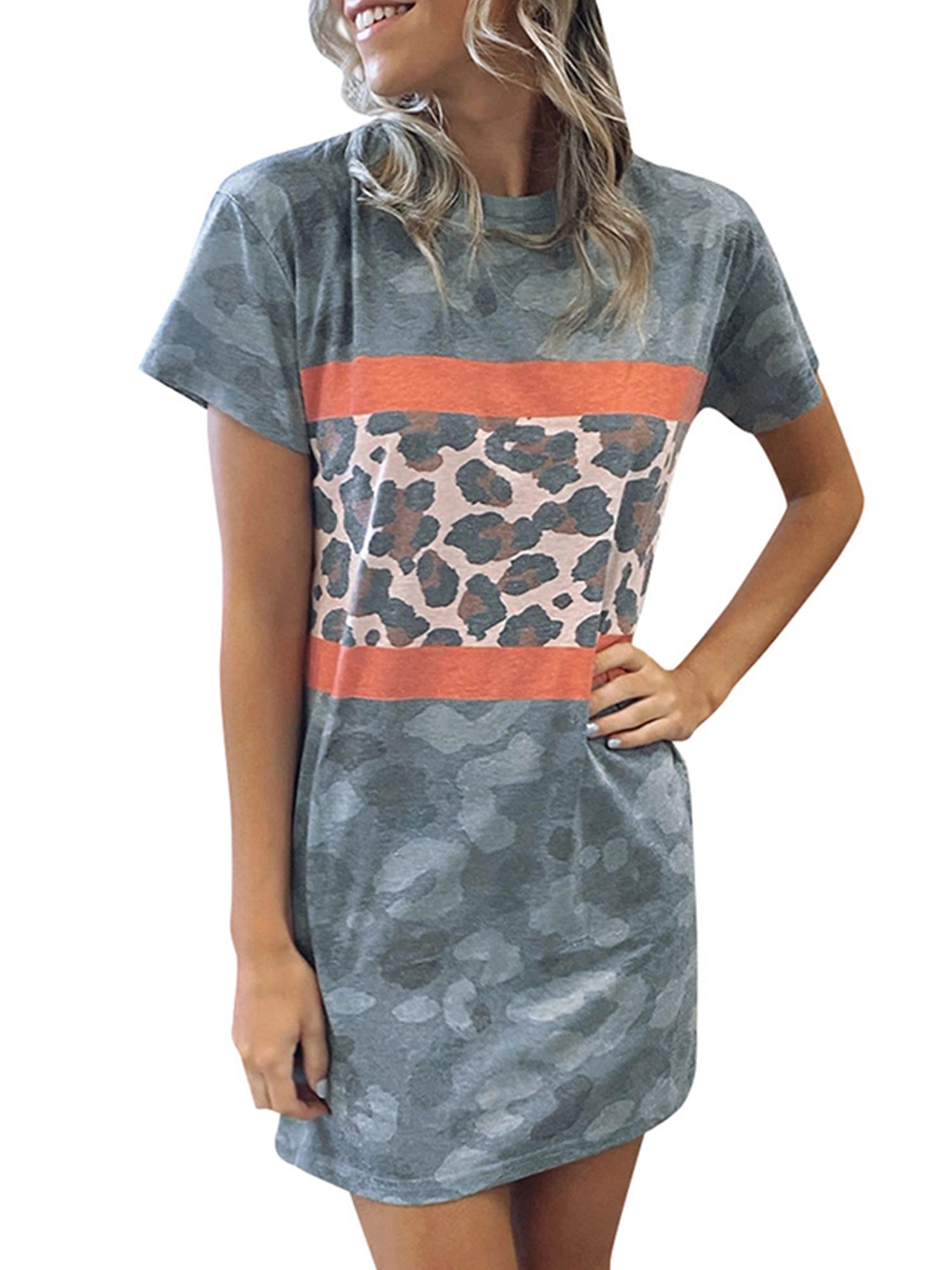 Women's Short Sleeve Tops Camo Leopard Mini Dress Shirts Summer Beach Sundress | Walmart (US)
