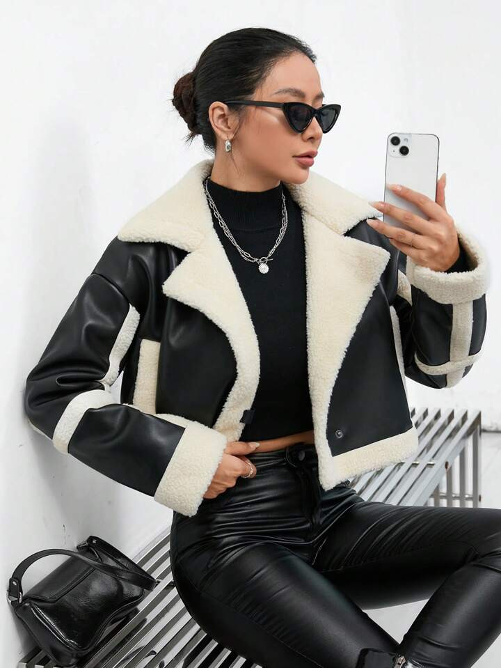 Teddy Lined Zip Up PU Leather Moto Jacket | SHEIN