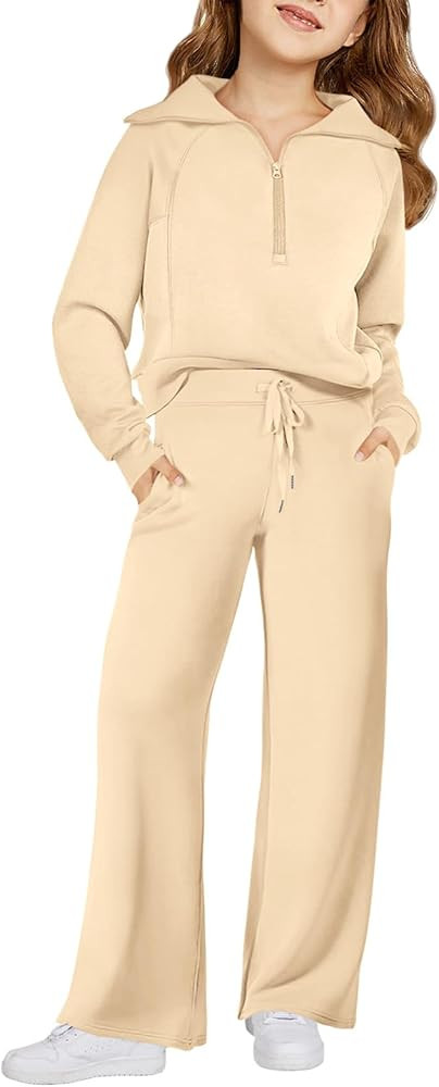 Haloumoning Girls 2 Piece Outfits Sweatsuit Half Zip Long Sleeve Sweatshirts Sweatpants Tracksuit... | Amazon (US)