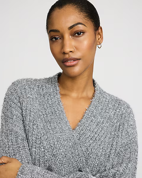 Metallic Brushed Double Breasted Cardigan | Express