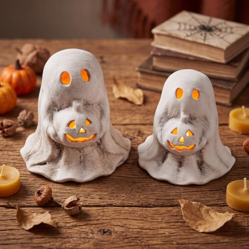Tioncy 2 Pcs Halloween Terracotta Ghost Tealight Holder Decor, White, Retro | Amazon (US)