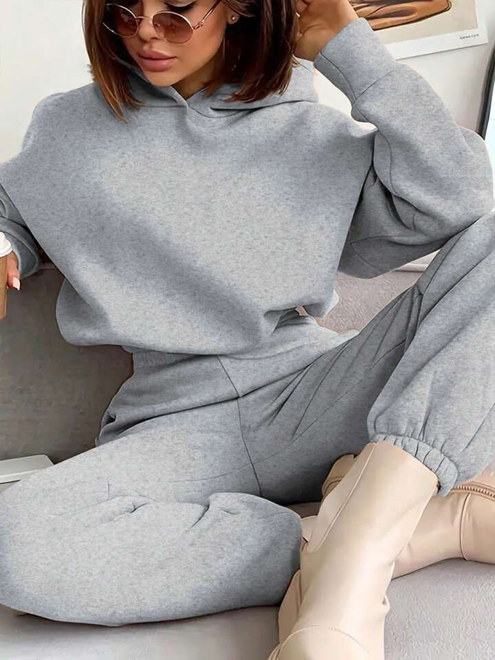 SHEIN Essnce Women's Drop Shoulder Hooded Sweatshirt And Sweatpants Two-Piece Set | SHEIN