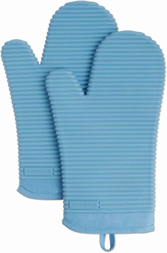 KitchenAid Ribbed Soft Silicone Oven Mitt Set, 7"x13", Blue Velvet 2 Count | Amazon (US)