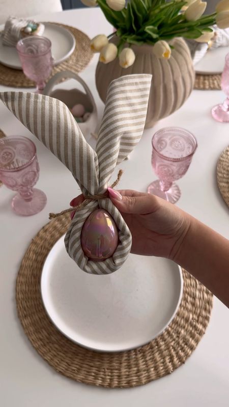 Eggs are from the dollar section at target but I linked some wooden ones you can paint or leave as is! 

Easter place setting decor, Easter table decor, napkin fold, spring napkins, spring table decor 

#LTKSeasonal #LTKhome