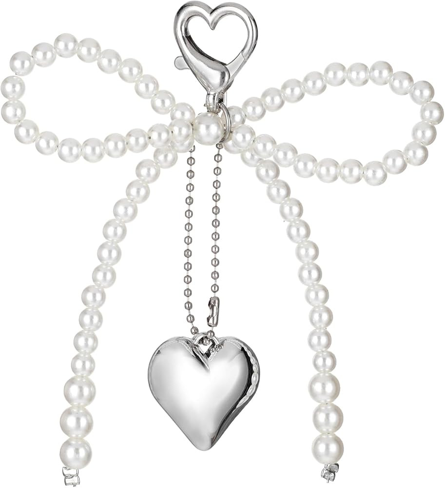 Bow Keychain for Women, Pearl Bow Key Chain with Silver Cute Heart Pendant Bowknot Bag Charms Key... | Amazon (US)