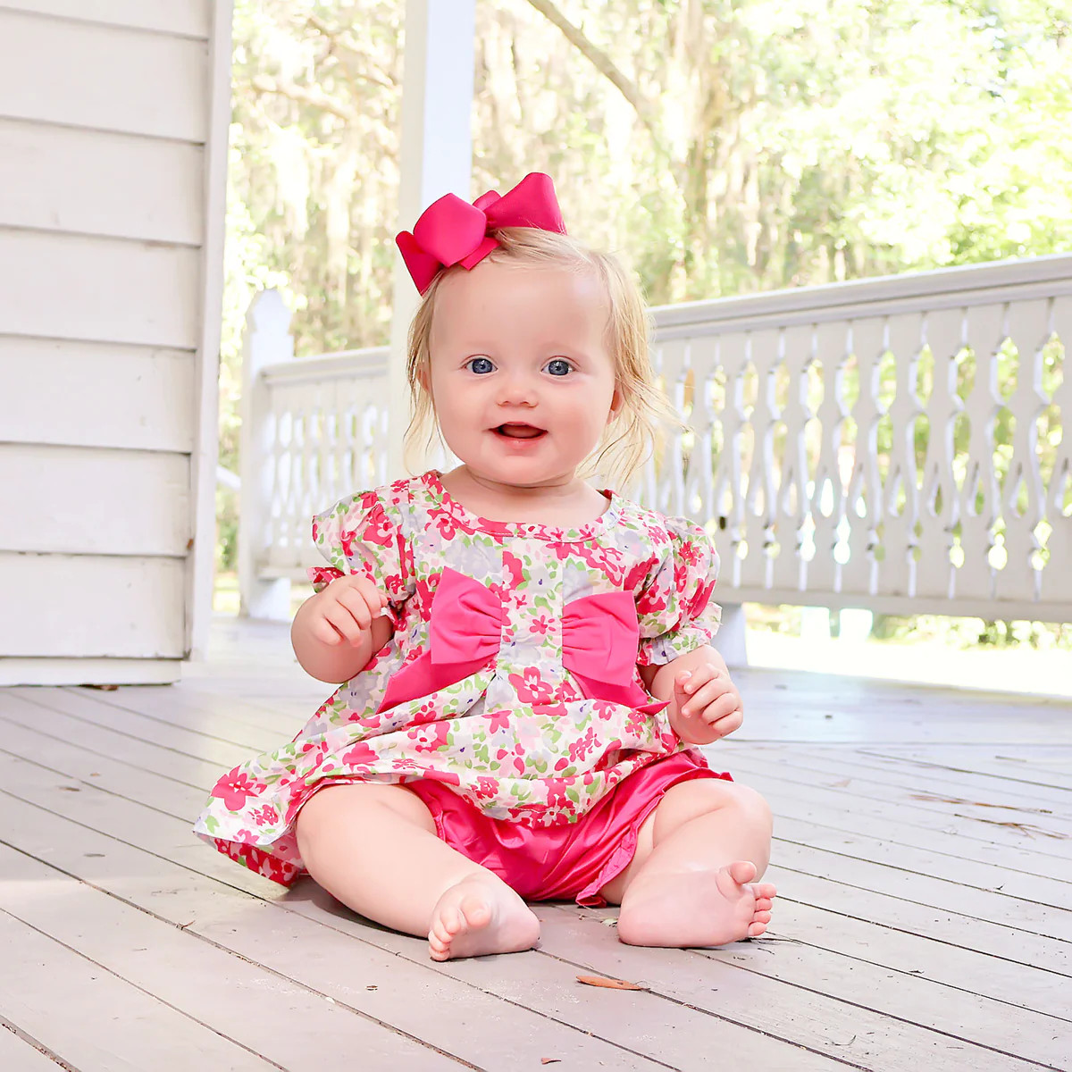 Pink Floral Center Front Bow Bloomer Set | Classic Whimsy
