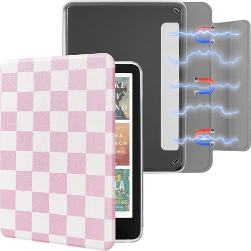 SESENSE Detachable Magnetic Case for 7'' Kindle Paperwhite 12th Gen 2024 and Kindle Colorsoft Signature Edition, Slim PU Shell Cover Case with Auto Wake/Sleep, Pink and White Checkerboard | Amazon (US)