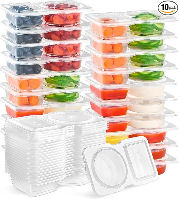 10 Pack Small Snack Pack Containers with Lids, 4.5 oz Plastic Double Compartment Condiment Contai... | Amazon (US)